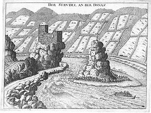 Werfenstein ruins and Wörth island around 1674, engraving by GMVischer