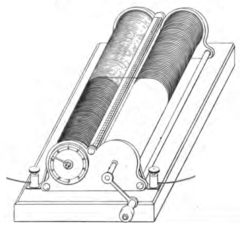 Charles Wheatstone's 1843 rheostat with a metal and a wooden cylinder