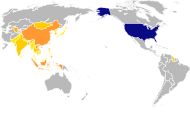 Map showing the United States in blue, and the nations where Asian Americans originate from in shades of orange