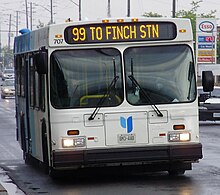 2007 New Flyer D40LF #707, running south of Steeles Avenue on the Route 99 Yonge YRT Bus 707 NFI D40HF.jpg