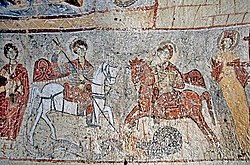The Yilanli Kilise fresco of saints Theodore and George slaying the dragon Yilanli Kilise dragon.jpg