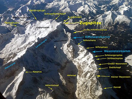 Annotated aerial photograph of the Zugspitze massif