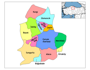 Mapa dos distritos da província de Çorum