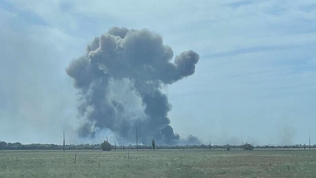 Smoke rising from Saky airbase on 9 August 2022