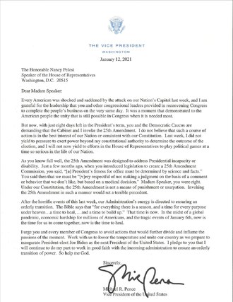 Pence's letter to Pelosi rejecting to invoke the 25th Amendment to strip Trump of his powers 01.12.21 Vice President Pence's letter to House Speaker Pelosi.pdf