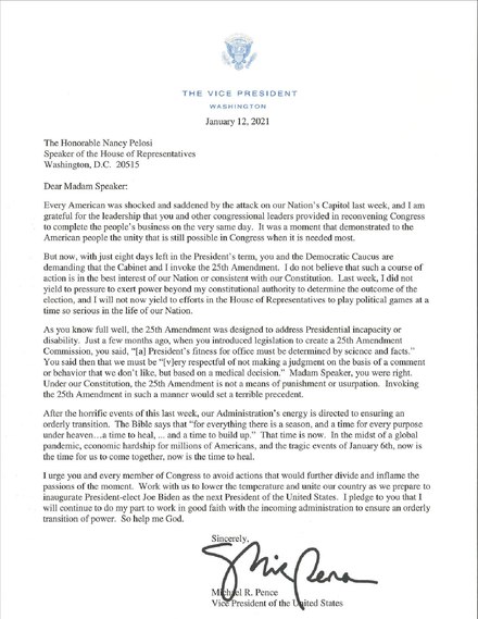 Pence's letter to Pelosi rejecting to invoke the 25th Amendment to strip Trump of his powers