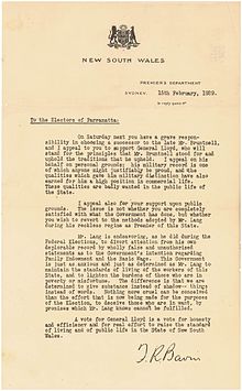 Letter by Sir Thomas Bavin to the electors of Parramatta to support the candidature of General Lloyd in 1929. 11. Sir Thomas Bavin - circular, 15 February 1929, to the electors of Parramatta supporting the candidature of General Lloyd in the NSW state election.jpg