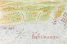 Carib pirogues (C) attack by surprise two Spanish trading boats (B) sent by Nicolas de Cardona, ca. 1614. 1632 Cardona Descripcion Indias (33).jpg