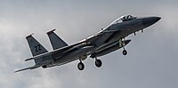 A US Air Force F-15C Eagle, tail number 83-0010, on final approach at Kadena Air Base in Okinawa, Japan. The aircraft is assigned to the 67th Fighter Squadron.