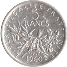 Pièce de 5 « nouveaux francs » 1960 en argent pesant 12 g à 835/1000 soit 10,02 g d'argent pur, frappée jusqu’en 1969.