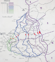 German situation map of the Spring Offensive, covering 21 March to 4 April 1918. The lines show the position of the advance at nightfall each day; the approximate position of the 66th Division has been marked in red until the end of March. 66 Division on German map of Spring Offensive - 4 April 1918.png