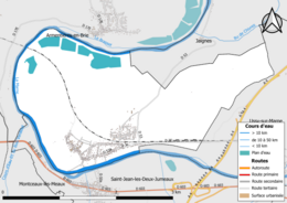 Carte en couleur présentant les réseau hydrographique de la commune