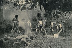 A re-enactment from c. 1895 of a cannibal feast reported to have occurred in Fiji in 1869 A Cannibal Feast in Fiji, 1869 (1898).jpg