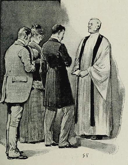 Holmes (in disguise) at the wedding of Irene Adler and Godfrey Norton, 1891 illustration by Sidney Paget
