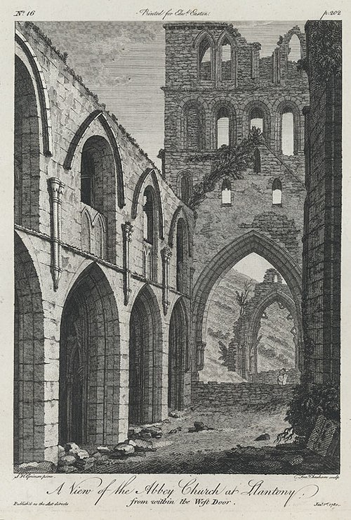 An 1780 engraving of Llanthony Abbey, viewed from the West door