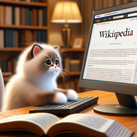 A cat sitting at a desk actively contributing to Wikipédia, by ChatGPT 4.0 & Dall-E 3.0 (2024).png