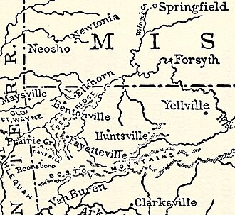 A map of northwestern Arkansas, showing locations significant to the American Civil War Abraham Lincoln - a history (1914) (14583544379) (Cane Hill crop).jpg