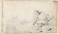 p299 - C. de Rooy - Drawing - Sitting man mending his shirt