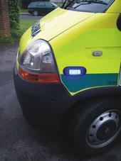 Body mounted beacon in operation, used to draw attention to the vehicle as it emerges from side roads Ambulance side beacon.png