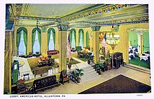 A 1928 postcard featuring an illustration of the Americus Hotel lobby at the time Americus Hotel Lobby 1927.jpg