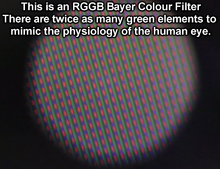 x80 microscope view of an RGGB Bayer filter on a 240 line Sony CCD PAL Camcorder CCD sensor An RGGB Bayer Colour Filter on a 1980's vintage Sony PAL Camcorder CCD.png