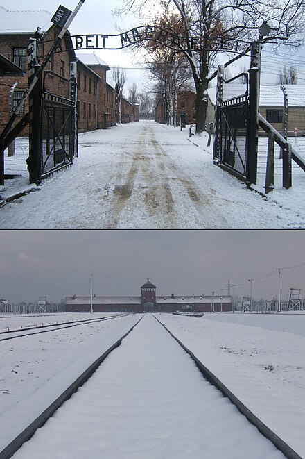 En haut : vue d'ensemble de l'entrée et grille d'entrée avec l'inscription Arbeit macht frei (« Le travail rend libre ») d'Auschwitz I. En bas : entrée du camp par voie ferrée d'Auschwitz II.
