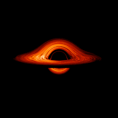 Визуализация полного оборота вокруг чёрной дыры и её аккреционного диска по пути, перпендикулярному диску.