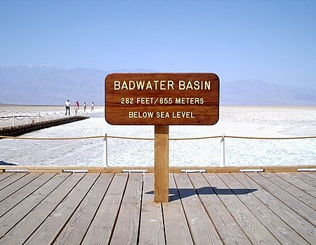 The Badwater Basin in Death Valley, California, the nadir of the North American Continent Badwater elevation sign.jpg