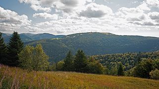 Vue du ballon d'Alsace depuis le ballon de Servance et plus précisément depuis le balcon du refuge du Luthier (cabane Sailley)[3].