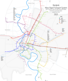 The M-Map details plans for additional rapid transit lines in Bangkok and Metropolitan Region. Bangkok Mass Rapid Transit Map.png