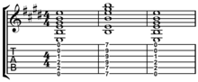 A, E major barre chord, then open E major chord. Play open E-major chord arpeggio,
then barre, then open Barre chord example.png