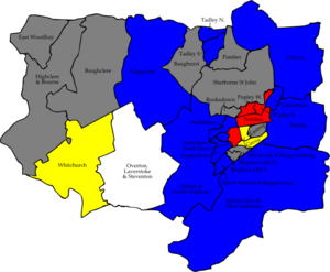 Map of the results of the 2007 Basingstoke and Deane council election. Conservatives in blue, Labour in red, Liberal Democrats in yellow and independent in white. Wards in grey were not contested in 2007. Basingstoke and Deane 2007 election map.png