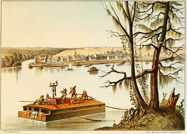 Bayou Sara seen from the Mississippi, late 1840s; St. Francisville on the rise in the background.
