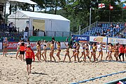 Deutsch: Beachhandball Europameisterschaften 2019 (Beach handball Euro); Tag 2: 3. Juli 2019 – Frauen, Vorrunde Gruppe C, Spanien-Griechenland 2:1 (12:20, 18:16; 8:2) English: Beach handball Euro; Day 2: 3 July 2019 – Women Preliminary Round Group C – Spain-Greece 2:1 (12:20, 18:16; 8:2)