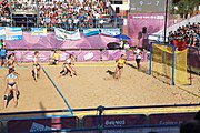 Deutsch: Beachhandball bei den Olympischen Jugendspielen 2018; Tag 3, 9. Oktober 2018; Jungs, Vorrunde, Gruppe B - Argentinien-Hongkong 2:0 English: Beach handball at the 2018 Summer Youth Olympics at 9 October 2018 – Girls Preliminary Round Group B – Argentina-Hing Kong 2:0