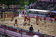 Deutsch: Beachhandball bei den Olympischen Jugendspielen 2018; Tag 3, 10. Oktober 2018; Mädchen, Vorrunde, Gruppe B - Niederlande-Argentinien 2:0 English: Beach handball at the 2018 Summer Youth Olympics at 10 October 2018 – Girls Preliminary Round Group B‎ – Netherlands-Argentina 2:0