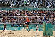 Deutsch: Beachvolleyball bei den Olympischen Jugendspielen 2018; Tag 11, 17. Oktober 2018; Jungen,Finale – Niederlande (Matthew Immers/Yorick de Groot)-Schweden (David Åhman/Jonatan Hellvig) 0:2 (20–22/15–21) English: Beach volleyball at the 2018 Summer Youth Olympics at 17 October 2018 – Final – Netherlands (Matthew Immers/Yorick de Groot)-Sweden (David Åhman/Jonatan Hellvig) 0:2 (20–22/15–21)