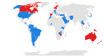 A map displaying current Bell UH-1 Iroquois operators in blue, with former operators in red, though the listing is not complete Bell UH-1 Iroquois operators.svg