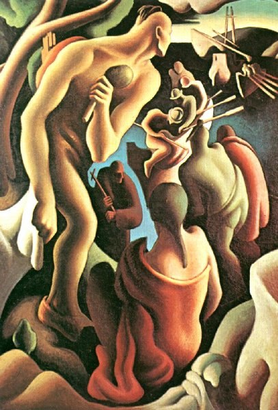 American Discovery Viewed by Native Americans, a 1922 painting by Thomas Hart Benton, now housed in the Peabody Essex Museum in Salem, Massachusetts, 
