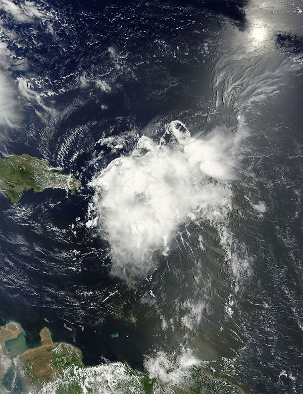 A disorganized Tropical Storm Bertha approaching Hispaniola on August 2; the convective cloud mass obscures Puerto Rico to the north.