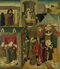 Inner right wing of an altarpiece with St Elizabeth tending the sick in Marburg and the death of St Elizabeth