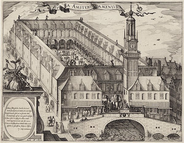 A 17th-century engraving depicting the Amsterdam Stock Exchange