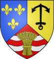 Tiercé en pairle renversé: au 1er d'azur à trois fleurs de lis d'or, au 2e d'or à l'ancre renversée de sable, au 3e de gueules à deux fasces ondées d'argent et à la gerbe de blé d'or brochante.