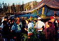 Plenary meeting in the Peace Camp. Each night, all plans and conflicts were discussed in an effective consensus-seeking process. One of the main issues on the agenda always was who was going to be arrested the next day.