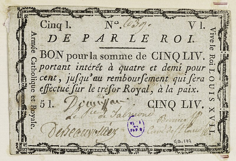 File:Bon pour la somme de 5 livres, Armée Catholique et Royale de Vendée, n° 639, 1793, GB177.jpg