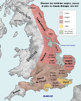 Carte de la Grande-Bretagne montrant le Nord de l'Angleterre dominé par les Angles, le Sud-Ouest par les Saxons, et le Kent et l'île de Wight par les Jutes. Les Celtes occupent encore l'Ouest de l'île et l'Écosse.
