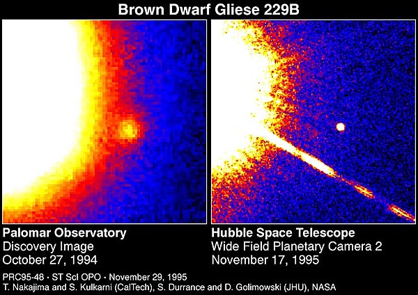 Gliese 229B; links de ontdekkingsfoto, rechts een Hubble-opname. Merk op dat de ster links op het beeld zelf een rode dwerg is, dus van een klein en lichtzwak type.