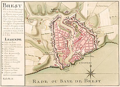 Document cartographique manuscrit de la ville de Brest et de ses fortifications.