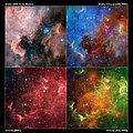 Obrázek ukazující výraznou změnu vzhledu mlhoviny při snímání ve viditelném nebo infračerveném spektru. Autor: Digitized Sky Survey/Spitzerův vesmírný dalekohled.