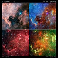 Obrázek ukazující výraznou změnu vzhledu mlhoviny při snímání ve viditelném nebo infračerveném spektru. Autor: Digitized Sky Survey/Spitzerův vesmírný dalekohled.